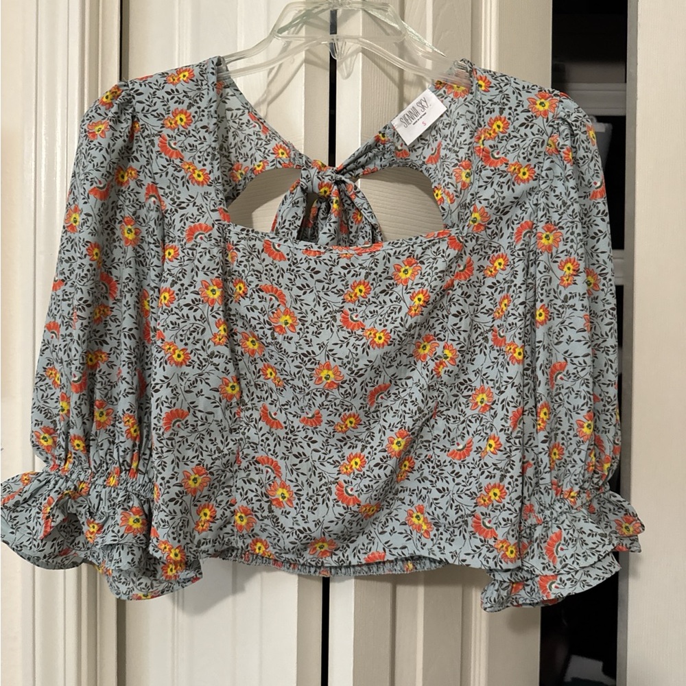 Sienna Sky Blue Crop Blouse with Puff Sleeves and Tie Back